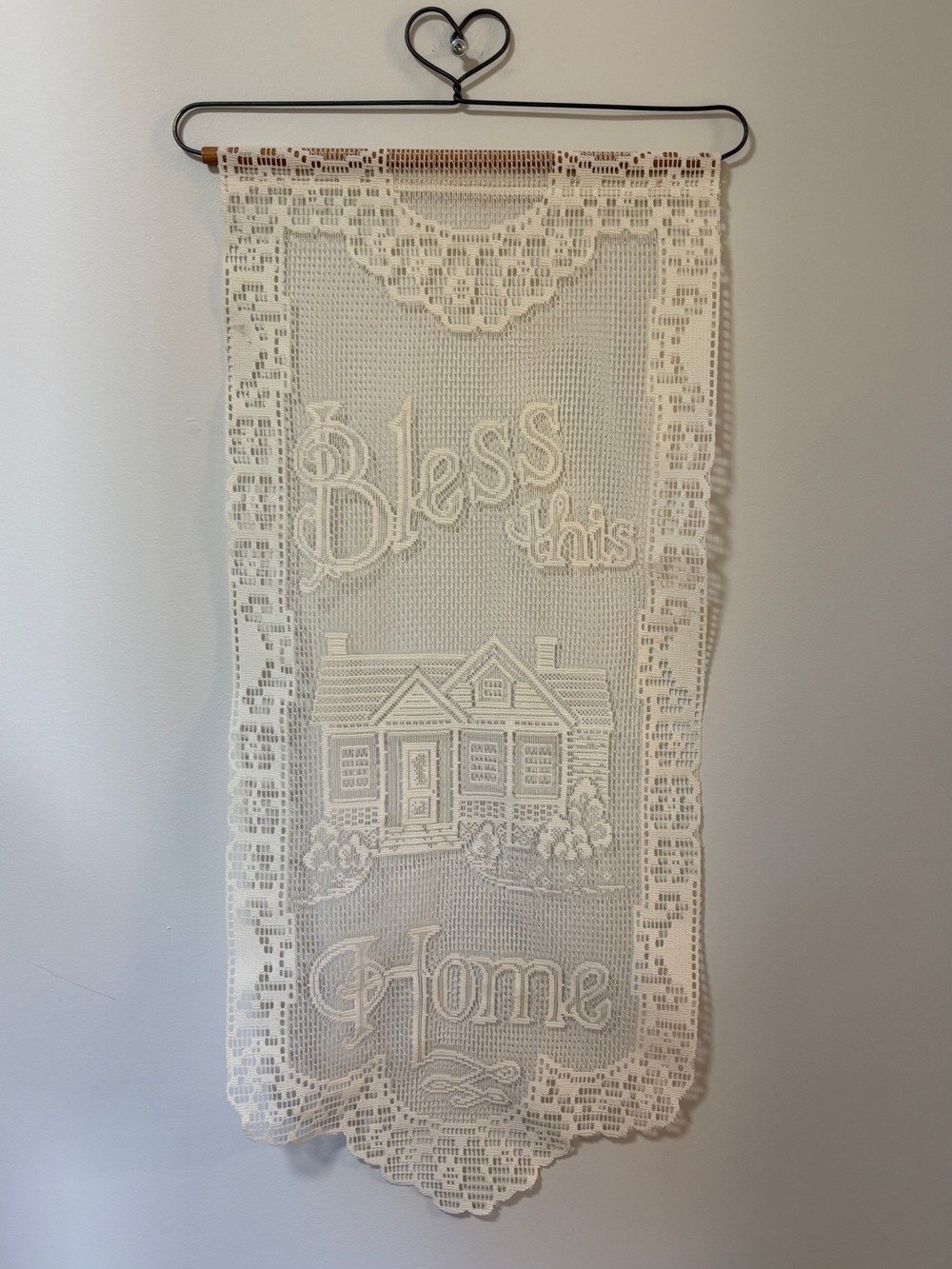 Vintage Crochet wall hanging Bless This Home Cottagecore Religious Kitsch Doilie